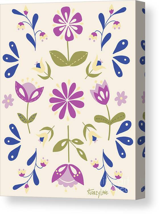 Folk Flowers Canvas Print featuring the digital art Folk Flower Pattern in Beige and Purple by Ashley Lane