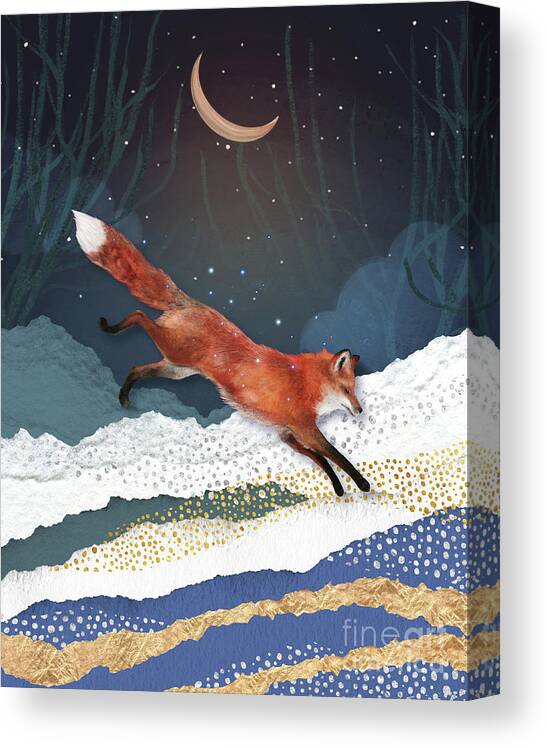 Fox And Moon Canvas Print featuring the painting Fox And Moon by Garden Of Delights