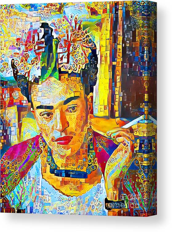 Wingsdomain Canvas Print featuring the photograph Frida Kahlo in Contemporary Vibrant Happy Color Motif 20200427 by Wingsdomain Art and Photography
