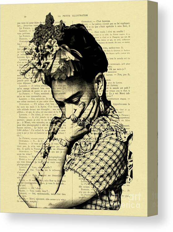 Frida Kahlo Canvas Print featuring the mixed media Frida Kahlo on antique book page by Madame Memento
