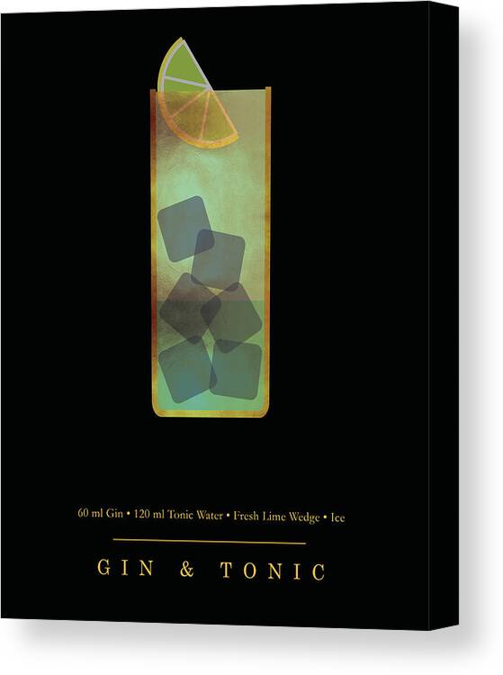Gin And Tonic Canvas Print featuring the digital art Gin and Tonic Cocktail - Classic Cocktail Print - Black and Gold - Modern, Minimal Lounge Art by Studio Grafiikka