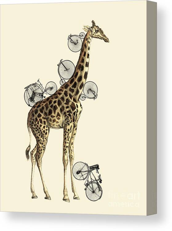 Giraffe Canvas Print featuring the digital art Giraffe and bicycles by Madame Memento