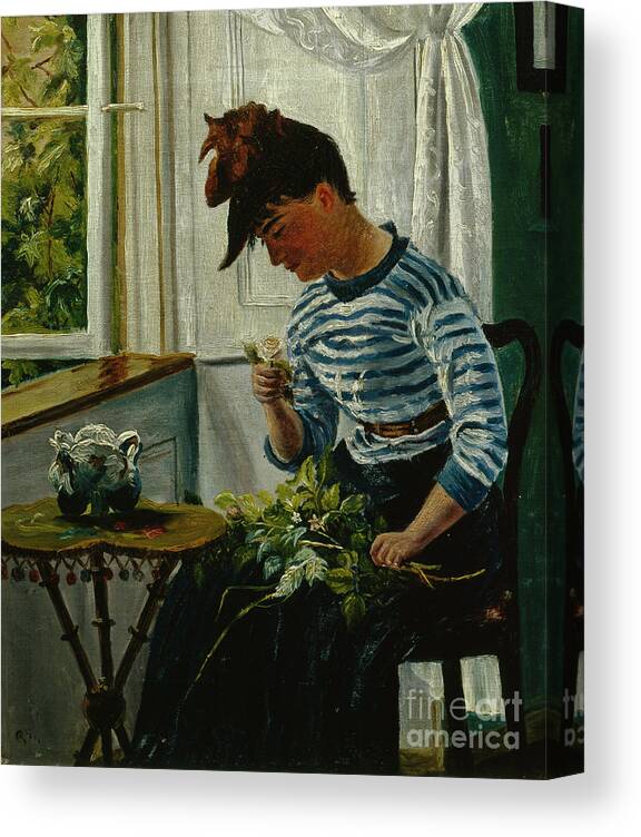 Christian Krohg Canvas Print featuring the painting Girl with flowers, 1876 by O Vaering by Christian Krohg