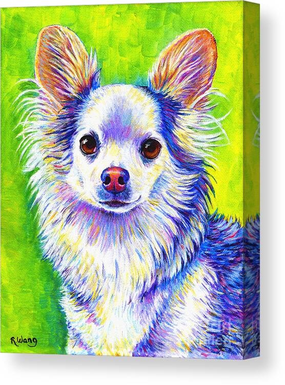 Chihuahua Canvas Print featuring the painting Colorful Cute Longhaired Chihuahua Dog by Rebecca Wang