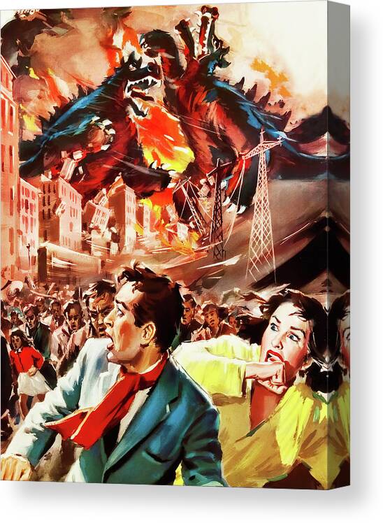 Godzilla Canvas Print featuring the painting ''Godzilla Raids Again'', 1955, movie poster painting by Angelo Cesselon by Movie World Posters