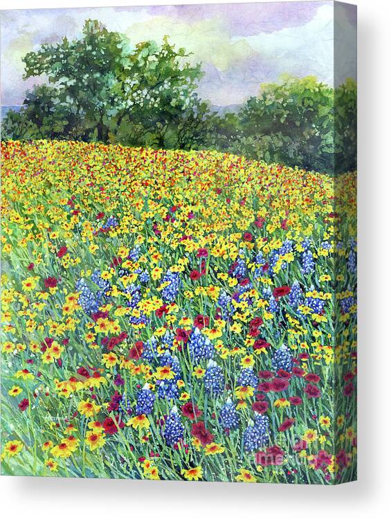 Bluebonnet Canvas Print featuring the painting Golden Hillside-pastel colors by Hailey E Herrera