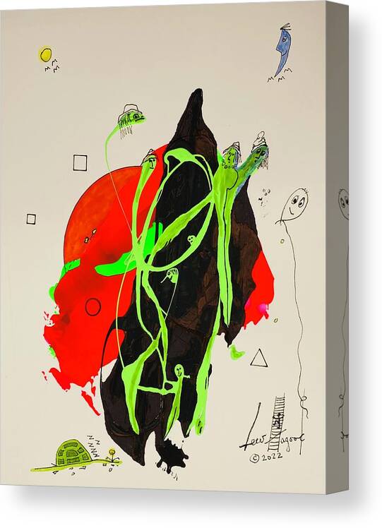  Canvas Print featuring the mixed media Green Faces on Black and Red 11149 by Lew Hagood