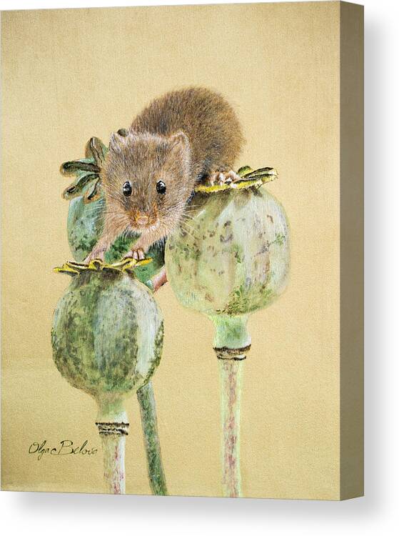 Silk Painted Wall Art. Hanging Canvas Print featuring the painting Harvest Mouse I silk painted contemporary art by Olga Belova