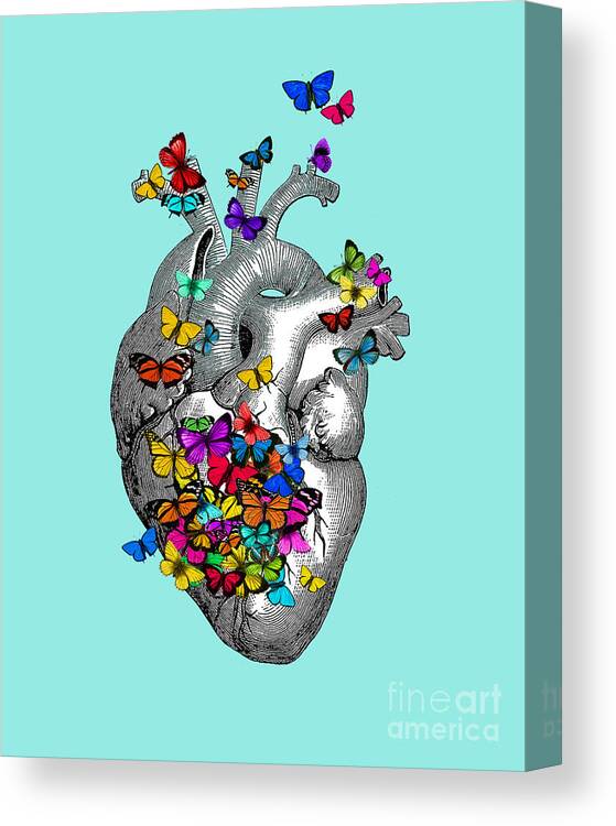 Heart Canvas Print featuring the digital art Heart And Butterflies In Blue by Madame Memento