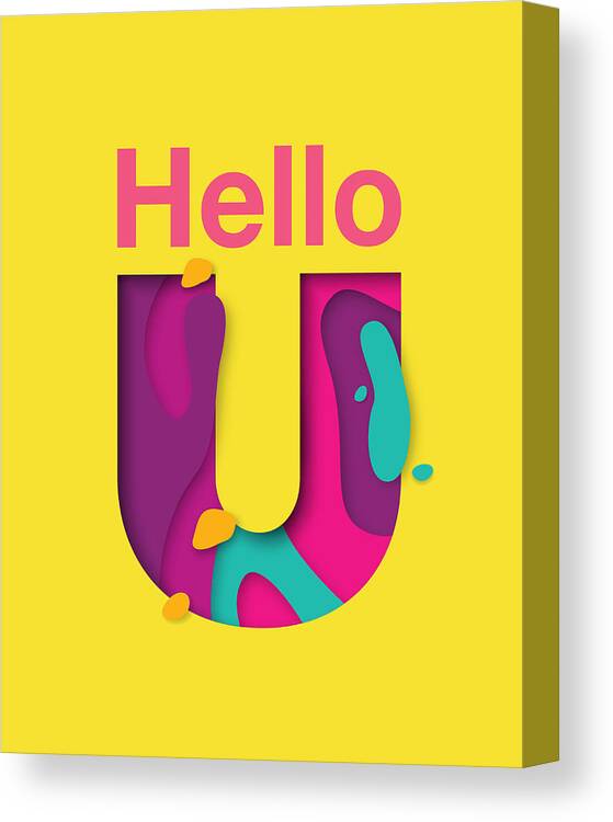 Quote Canvas Print featuring the digital art Hello u yellow print, bold colourful Hello you quote, Wall art, Home Decor, welcoming, Hello u text by BONB Creative