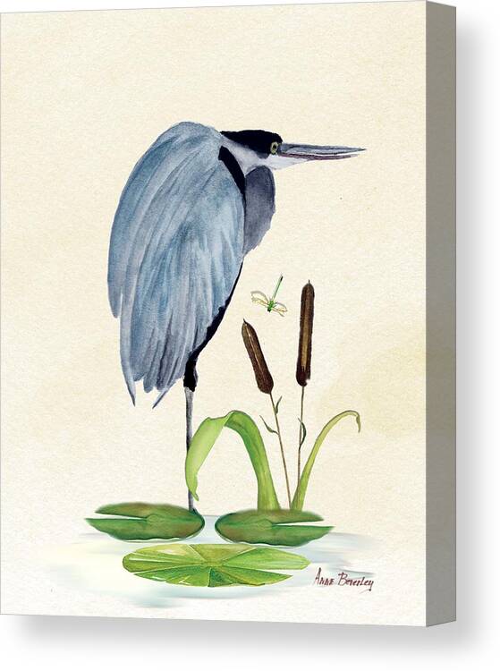 Blue Heron Canvas Print featuring the painting Heron Waiting by Anne Beverley-Stamps