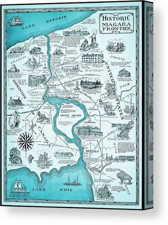Niagara Canvas Print featuring the photograph Historic Pictorial Map Niagara Frontier 1931 Cool Blues by Carol Japp