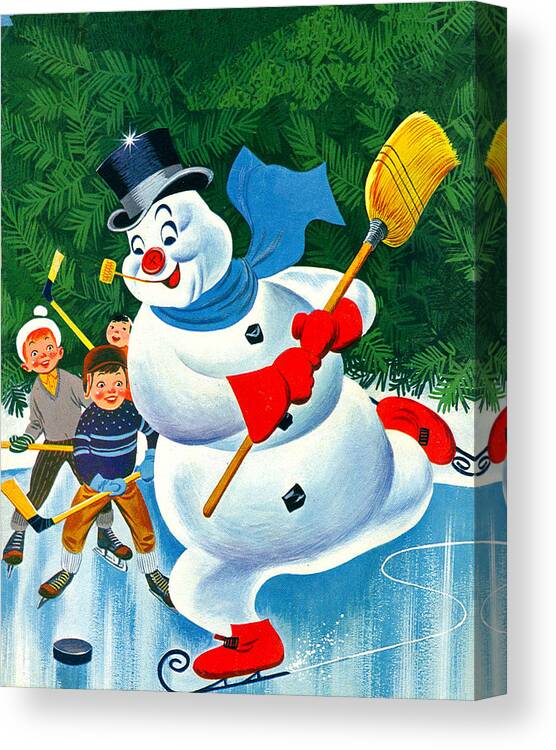 Winter Canvas Print featuring the digital art Hockey with Snowman by Long Shot