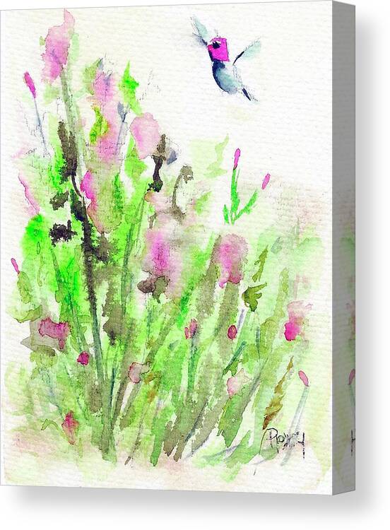 Hummingbird Canvas Print featuring the painting Hummingbird in the Red Salvia by Roxy Rich
