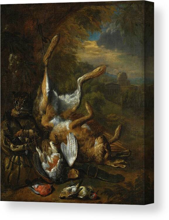 Landscape Canvas Print featuring the painting Hunting still life with a cat, a dead hare and songbirds in a landscape. by Bernaert de Bridt