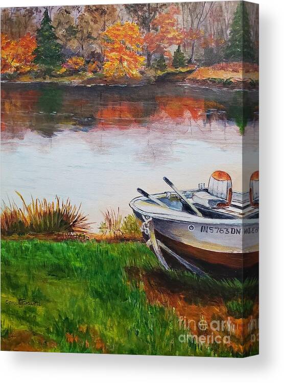 Boat Lake Pond Fall Trees Fishing Boating Drydock. Canvas Print featuring the painting Indiana Drydock by Carole Powell