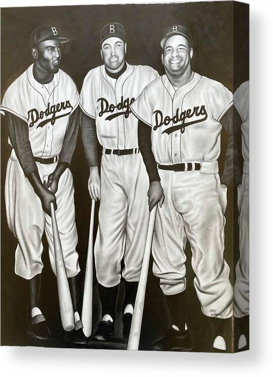 Jackie Robinson Canvas Print featuring the drawing Jackie, Duke and Campy by Jerry Winick