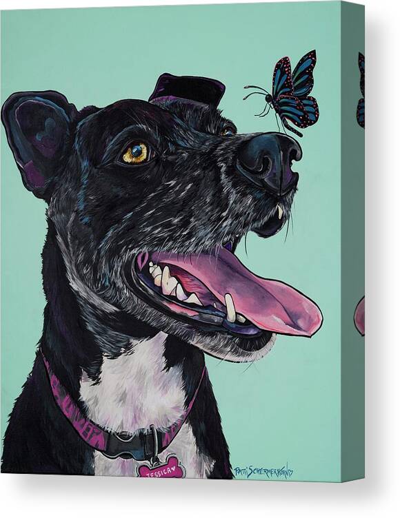 Black Dog Canvas Print featuring the painting Dog and Butterfly by Patti Schermerhorn