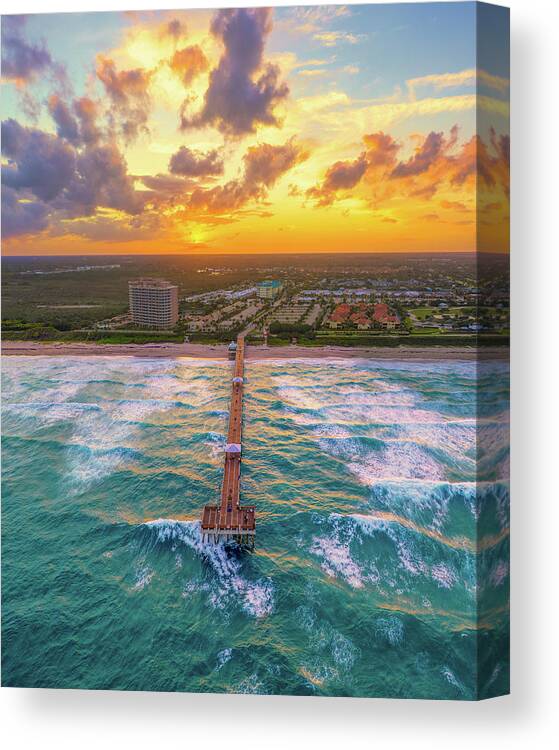 Juno Beach Pier Canvas Print featuring the photograph Juno Beach Pier Sunset Aerial Photography by Kim Seng