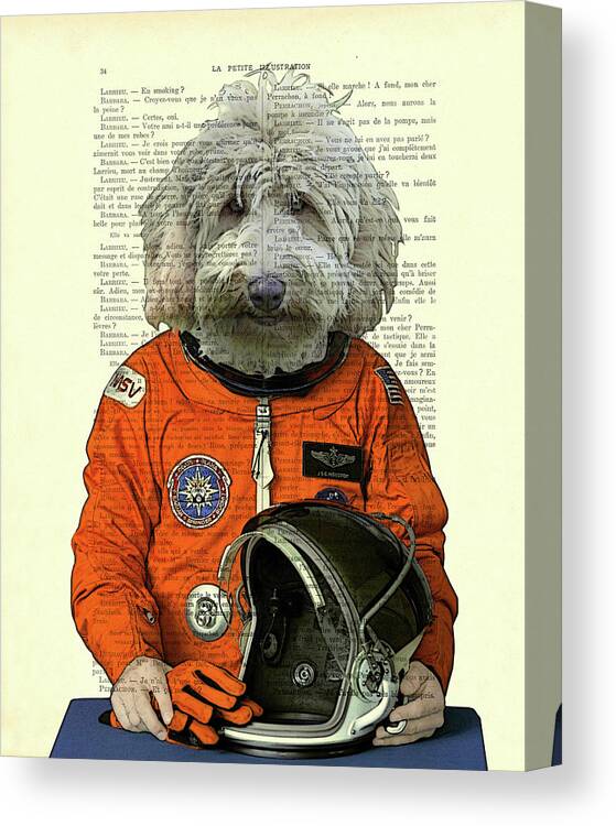 Space Themed Canvas Print featuring the mixed media Labradoodle astronaut, space animal dictionary art print by Madame Memento
