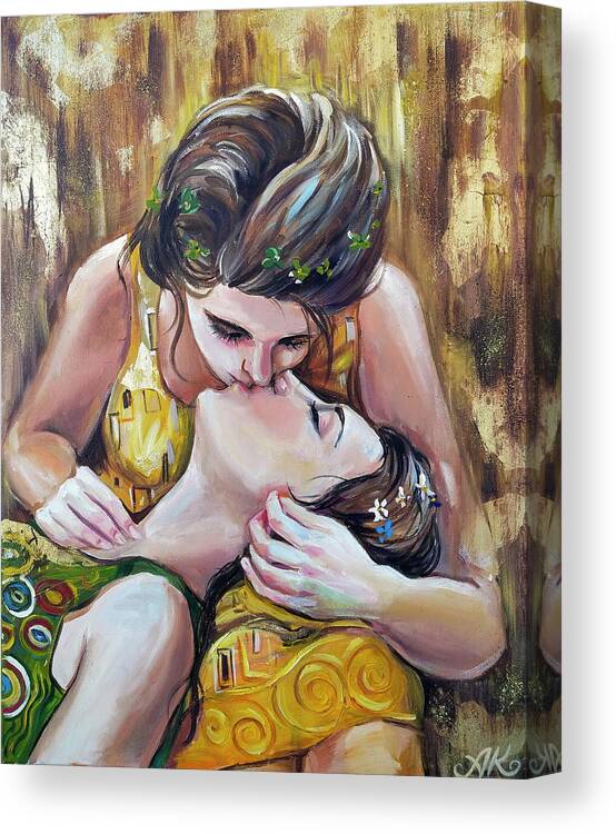 Lesbian Canvas Print featuring the painting Lesbian tribute to Gustav Klimt Kiss by Alex Kalenova