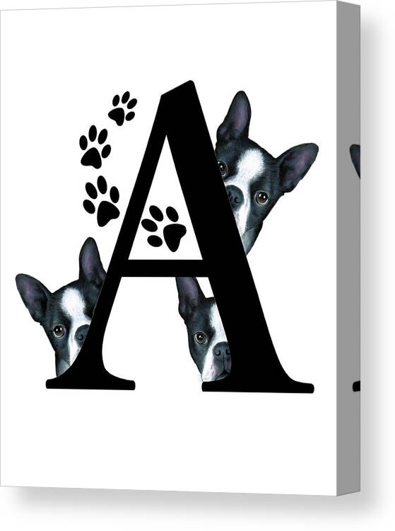 Letter A Canvas Print featuring the mixed media Letter A Monogram with Boston Terrier Dogs by Lucie Dumas