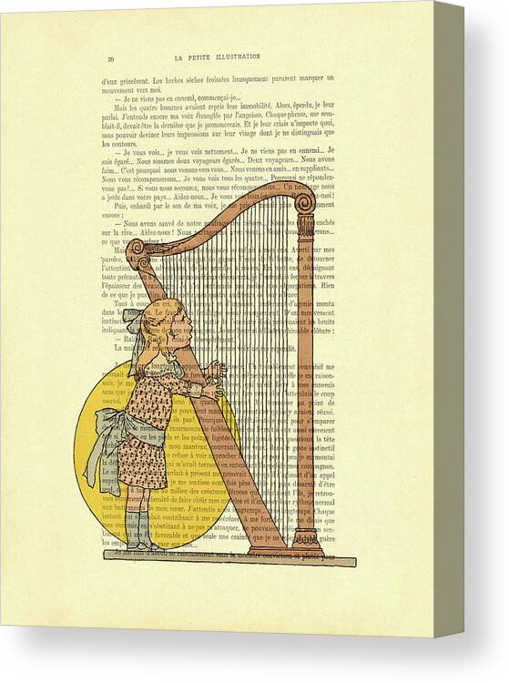 Harp Canvas Print featuring the digital art Little girl with harp, harpist artwork by Madame Memento