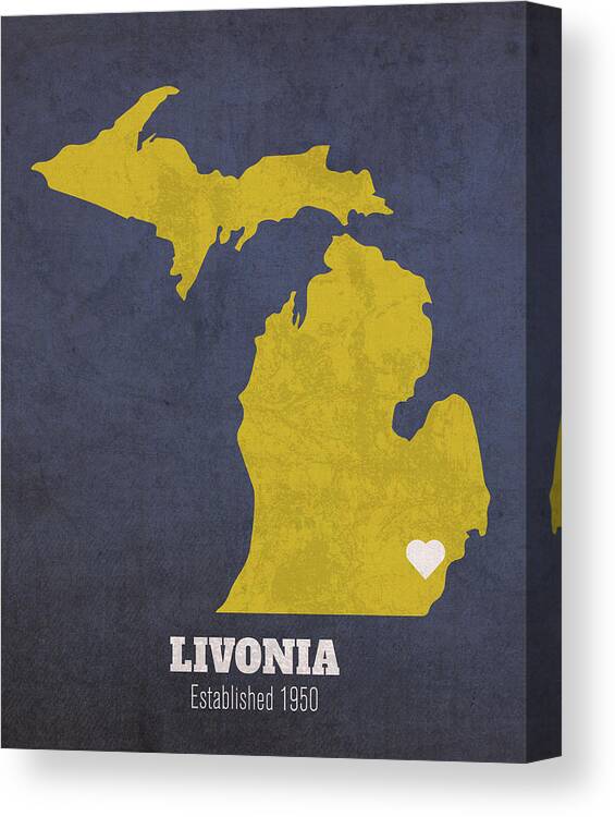 Livonia Canvas Print featuring the mixed media Livonia Michigan City Map Founded 1950 University of Michigan Color Palette by Design Turnpike