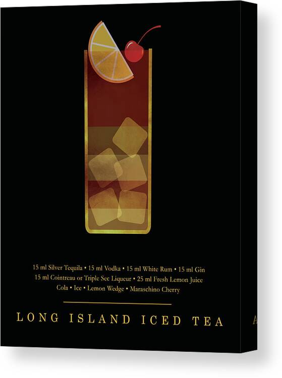Long Island Iced Tea Canvas Print featuring the digital art Long Island Iced Tea Cocktail - Classic Cocktail Print - Black and Gold - Modern, Minimal Lounge Art by Studio Grafiikka
