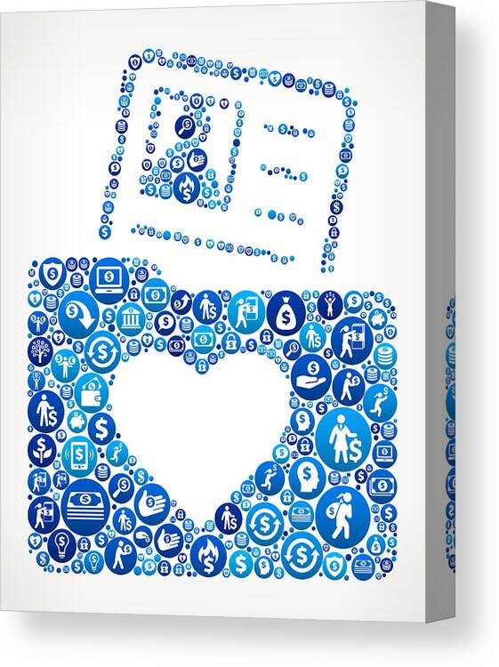 Coin Canvas Print featuring the drawing Love Folder and Candidate Profile Money Blue Icon Pattern Background by Bubaone