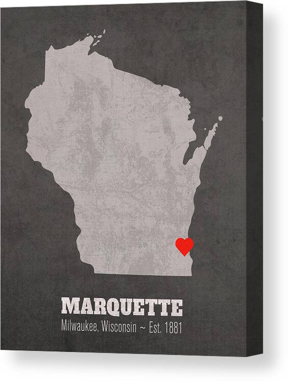 Marquette University Canvas Print featuring the mixed media Marquette University Milwaukee Wisconsin Founded Date Heart Map by Design Turnpike