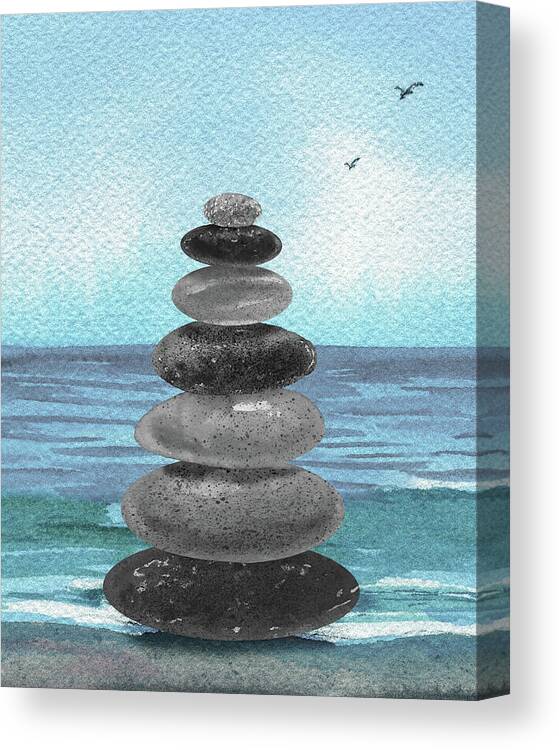 Blue Canvas Print featuring the painting Meditative Rocks At The Teal Blue Ocean Beach by Irina Sztukowski