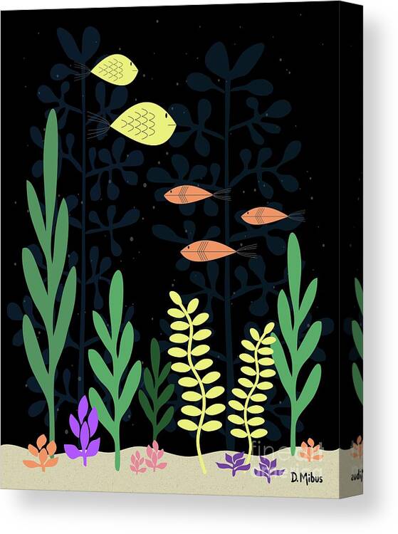Mid Century Fish Canvas Print featuring the digital art Mid Century Aquarium Black by Donna Mibus