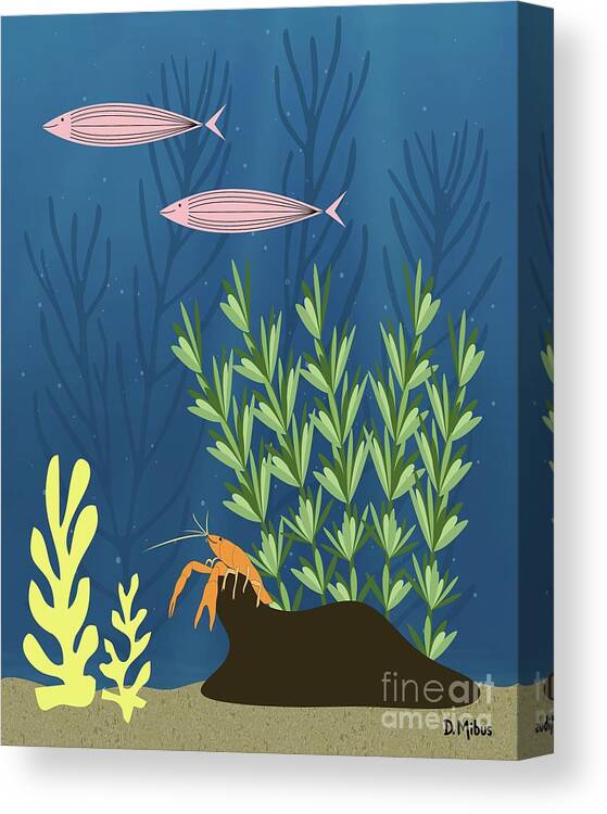 Mid Century Canvas Print featuring the digital art Mid Century Aquarium with Lobster by Donna Mibus