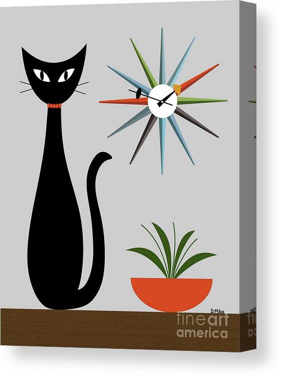 Mid Century Cat Canvas Print featuring the digital art Mid Century Cat with Starburst Clock on Gray by Donna Mibus