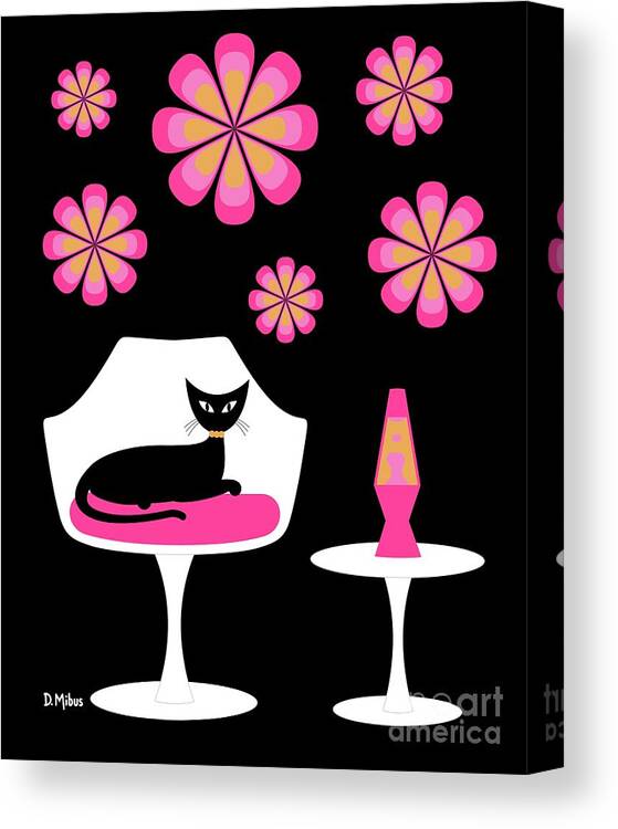 Mid Century Cat Canvas Print featuring the digital art Mid Century Tulip Chair with Pink Mod Flowers by Donna Mibus