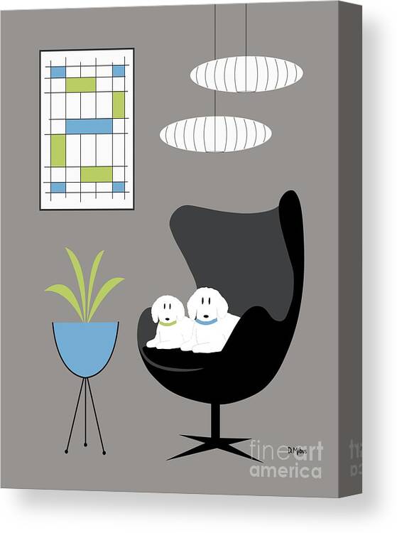 Mid Century Modern Canvas Print featuring the digital art Mid Century White Dogs in Black Egg Chair by Donna Mibus