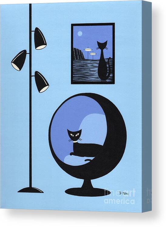 Mid Century Modern Black Cat Canvas Print featuring the mixed media Mini Space Cat Black Ball Chair by Donna Mibus