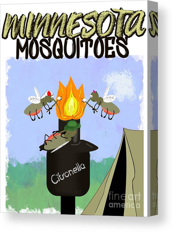 Minnesota Canvas Print featuring the photograph Minnesota Mosquitoes Cartoon - Camping by Tiki Torch by Colleen Cornelius