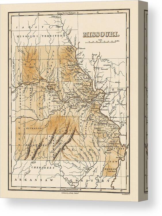 Missouri Canvas Print featuring the photograph Missouri Antique Map 1831 Sepia by Carol Japp