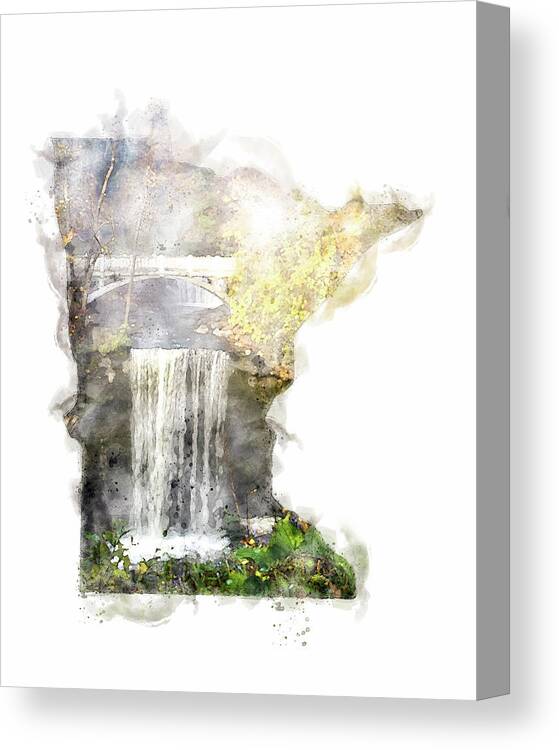 Minnesota Canvas Print featuring the photograph MN Falls Watercolor Rendering by By MichelsPhotos