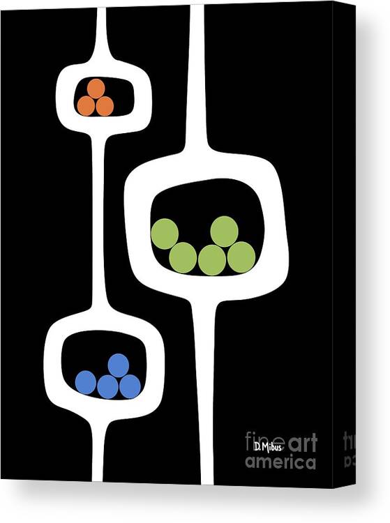 Mid Century Pods Canvas Print featuring the digital art Mod Pod 3 with Circles on Black by Donna Mibus