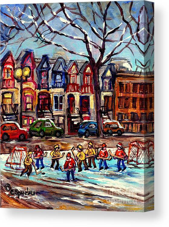 St.louis Square Canvas Print featuring the painting Montreal Winterscenes Hockey Game At St Louis Square Park Canadian Art C Spandau Canadian Art Quebec by Carole Spandau