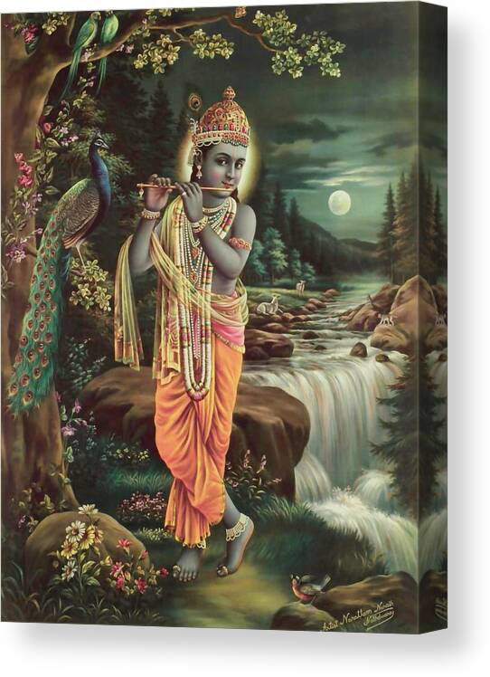 Hinduism Canvas Print featuring the painting Murli Manohar - Krishna Playing the Flute by Narottam Narayan Sharma