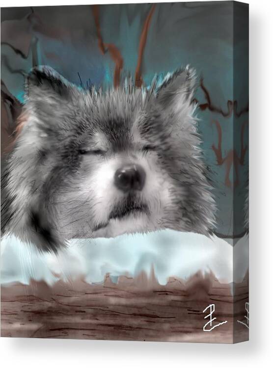 Wolf Resting On Snowy Log Canvas Print featuring the mixed media Nashoba Rests by Pamela Calhoun