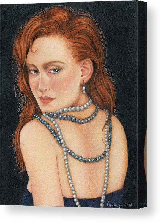 No Looking Back; Redheaded Woman; Black Pearls; If Looks Could Kill; Coco Channel; Bewitched; Pearl Earring; Portrait Of Beautiful Women; Woman's Back; Backward Glance Canvas Print featuring the painting No Looking Back by Valerie Evans