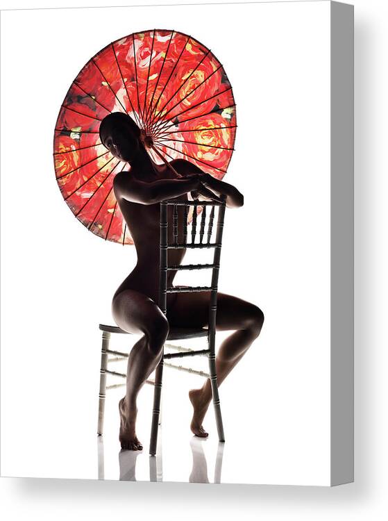 Woman Canvas Print featuring the photograph Nude woman with red parasol 2 by Johan Swanepoel