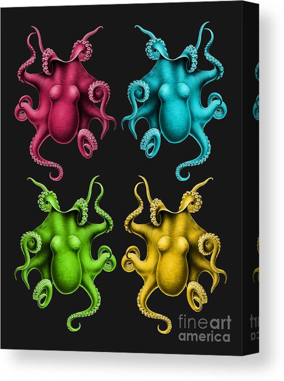 Octopus Canvas Print featuring the digital art Octopuses On Black Background by Madame Memento