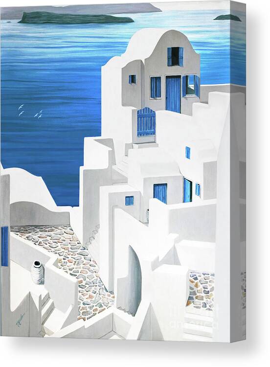 Santorini Canvas Print featuring the painting OH MY OIA-Santorini-original thinner view-Oil Painting-Prints by Mary Grden