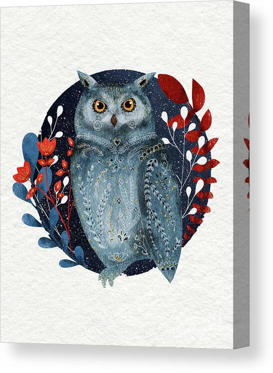 Owl Canvas Print featuring the painting Owl With Flowers by Modern Art